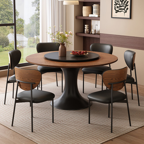 法式中古风实木餐桌椅复古高端家用客厅小户型带转盘圆形吃饭桌子