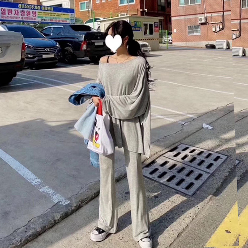 网红炸街露肩时尚套装夏t洋气减龄宽松微喇裤运动休闲两件套女薄