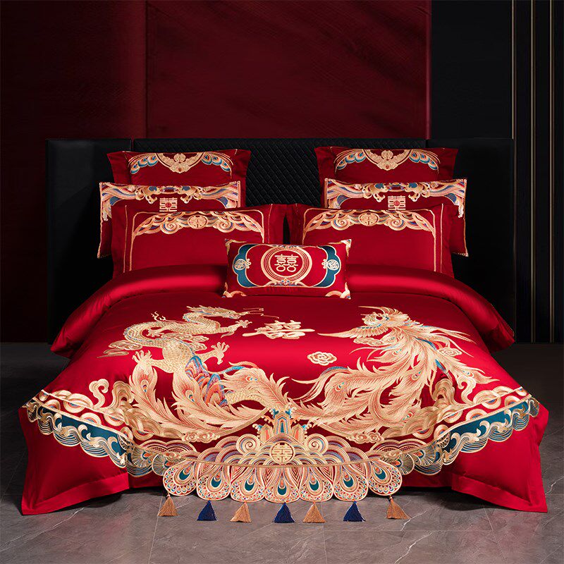 全棉长绒棉婚庆四件套红色结婚婚嫁喜被龙凤刺绣新.婚床品套件,床上用品,婚庆床品套件,淘宝优惠券,粉丝福利购,淘宝优惠卷