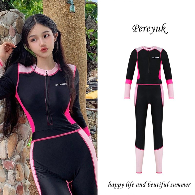 日系少女甜美水母衣连体长袖长裤游泳衣L保守冲浪潜水服训练泳装