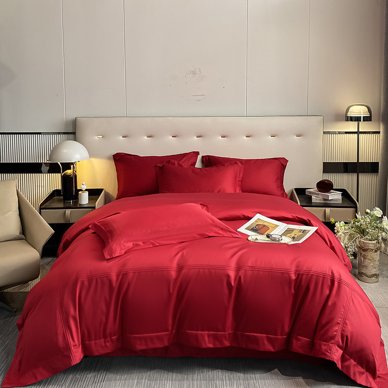 简约高级结婚铺牀上用品100支长绒棉红K色牀单婚庆纯色四件套4,床上用品,婚庆床品套件,淘宝优惠券,粉丝福利购,淘宝优惠卷