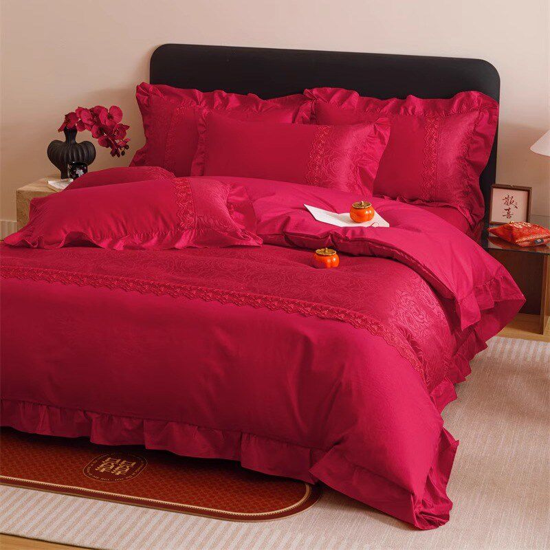 法式浪漫A类f100支结婚床单四件套大红色提花被套婚庆床上用品,床上用品,婚庆床品套件,淘宝优惠券,粉丝福利购,淘宝优惠卷