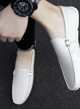 豆豆鞋男白色2023新款休闲皮鞋B男韩版透气一脚蹬懒人鞋软底驾车