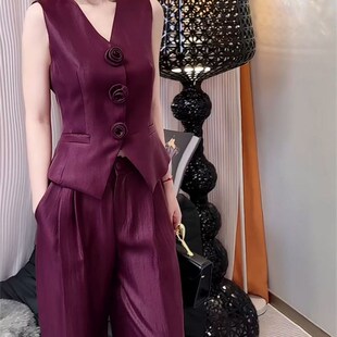 马甲搭配阔腿长 网红爆款 夏季 新款 女神范洋气减龄纯色单J排扣无袖