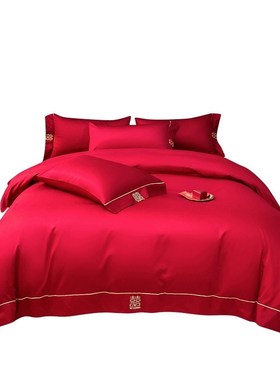 简约全棉喜字结婚四件套大红色床H单被套婚庆床上用品婚房
