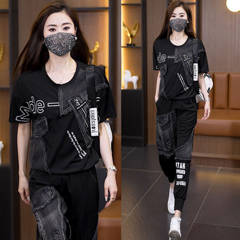 大码时尚运动休闲套装女2024夏B季新款牛仔拼接印花束脚裤两件套