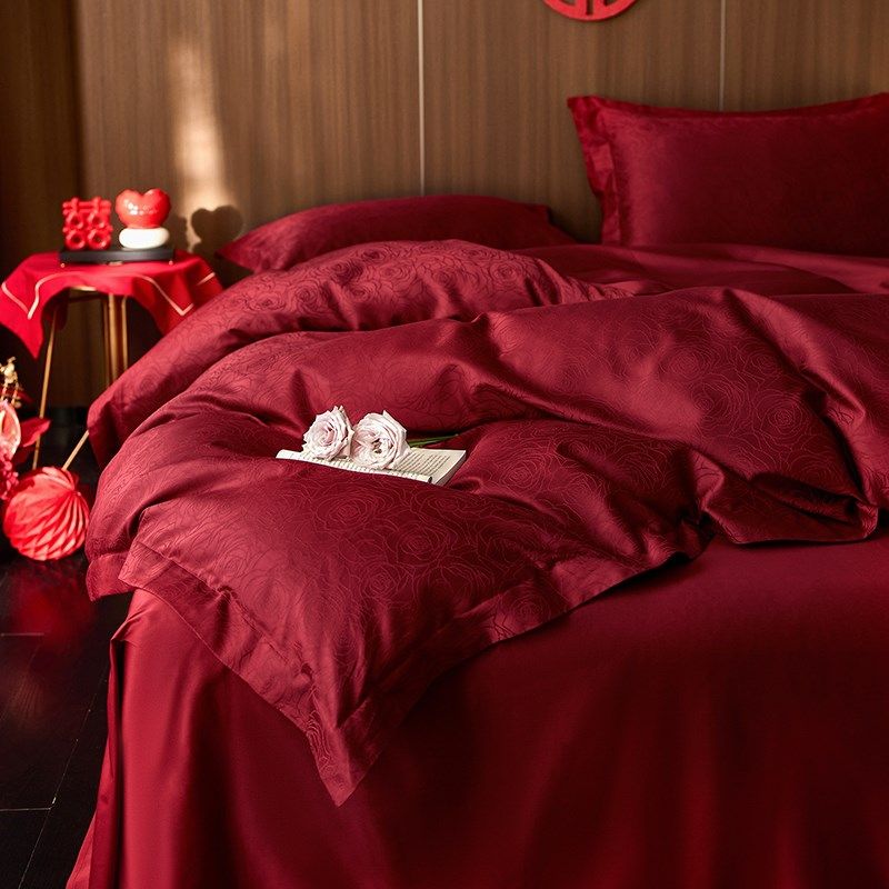 酒红色婚庆1f00支长绒棉四件套全棉提花结婚床单被套床上用品8,床上用品,婚庆床品套件,淘宝优惠券,粉丝福利购,淘宝优惠卷