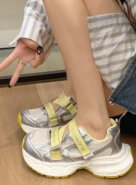 魔术贴运动凉鞋女网面透气休闲鞋2B025夏季新款厚底镂空洞洞老爹