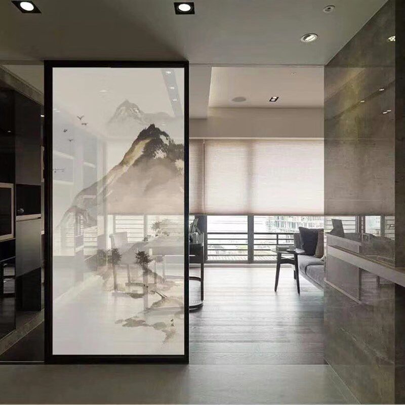 定做办公隔断玄关屏风夹胶背景墙玻璃磨砂夹M丝钢化安全大气金线