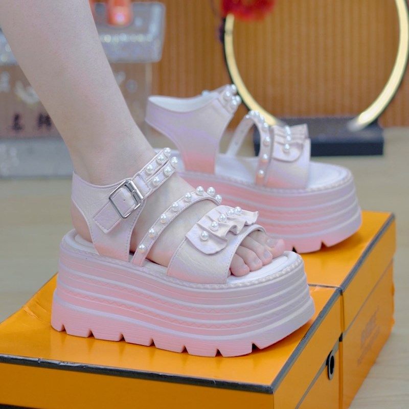 8cm珍珠花边露趾厚底凉鞋女外穿2025夏季新款百搭增高.沙滩凉鞋子,女鞋,沙滩鞋,淘宝优惠券,粉丝福利购,淘宝优惠卷