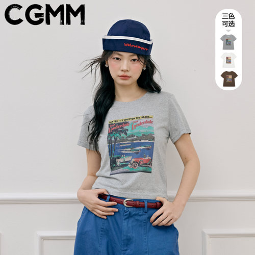 CGMM/橱柜密码夏季新款复古印花洋气减龄正肩短袖T恤DSOMB2627
