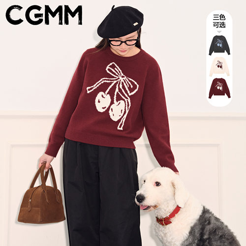 CGMM/橱柜密码冬季新款樱桃蝴蝶结提花圆领宽松针织毛衣DSOMB5309