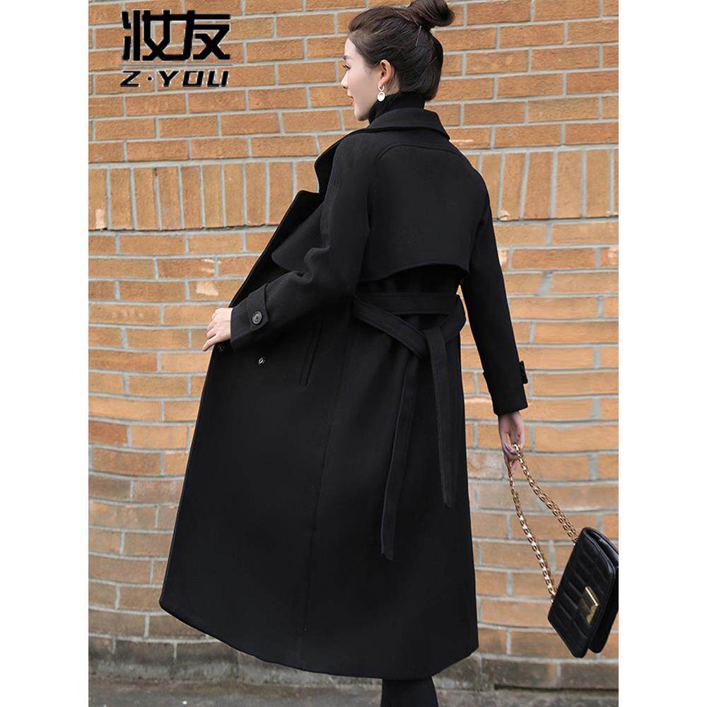 新品加棉加厚黑色呢子风衣大衣女秋季2026新款女士中长款毛呢西装