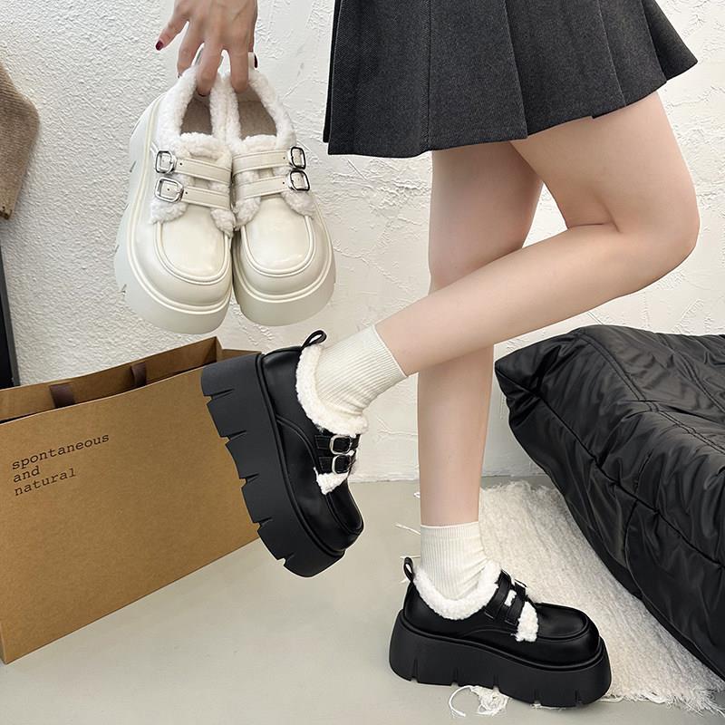 新品厚底增高加绒毛毛小皮鞋女2025新款冬季季保暖棉鞋英伦风乐福