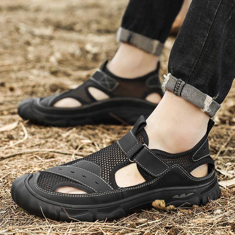 新品夏季镂空透气男鞋户外运动休闲网面鞋子男款网布魔术贴沙滩凉