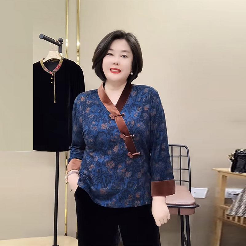 新品秋冬新款长袖旗袍衫中老年妈妈高档偏襟盘扣汉服设计金貂绒打