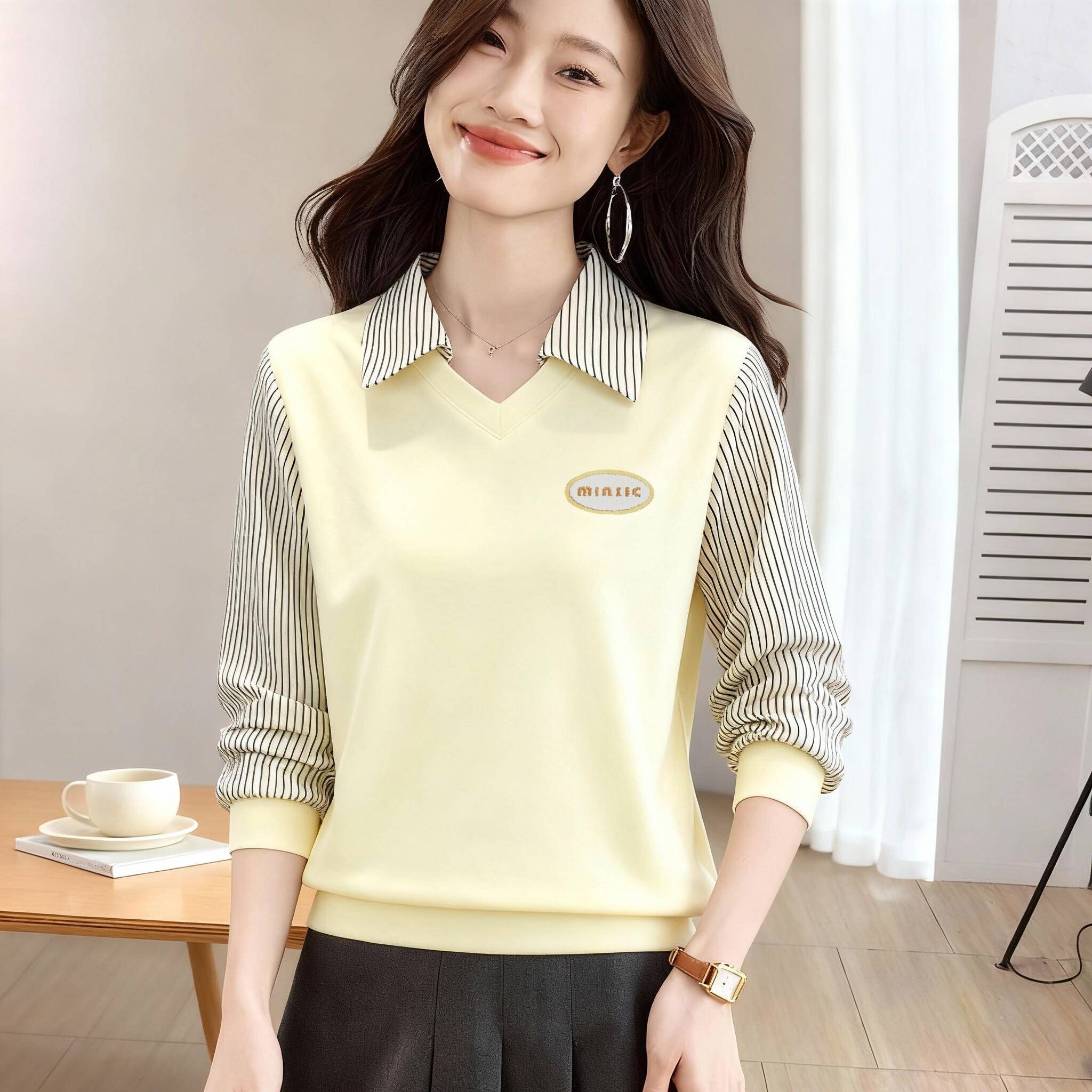 新品高级感洋气假两件Polo领加绒上衣女2026秋装百搭衬衫拼接长袖