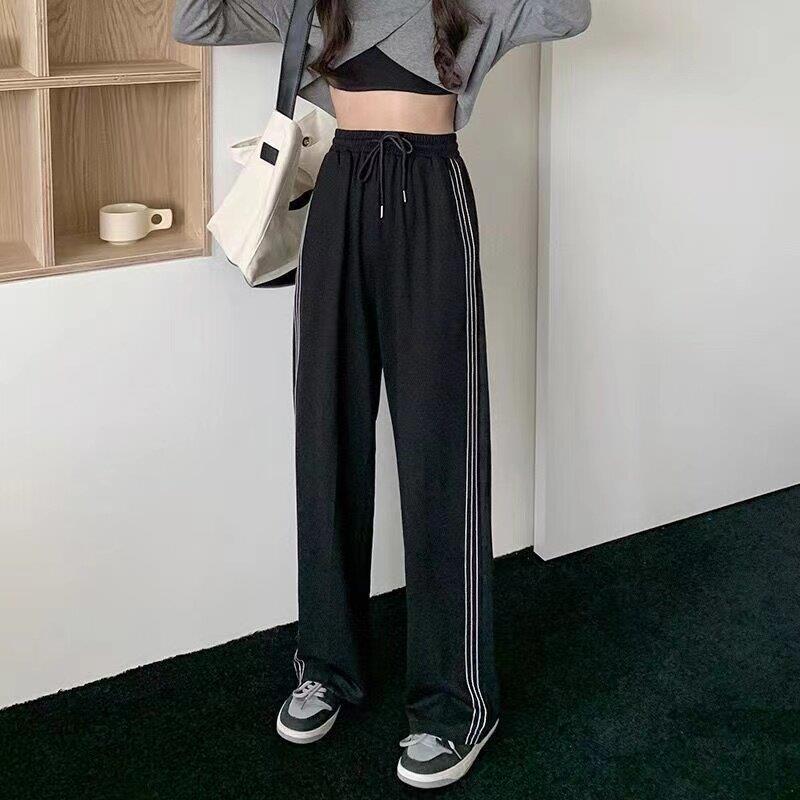 新品黑色条纹运动裤女学生高腰垂感宽松阔腿裤春秋新款直筒拖地休