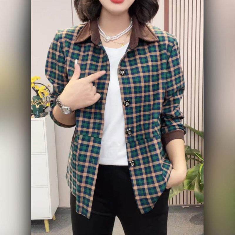 新品爆款格子外套妈妈装2026秋季新款时尚宽松百搭长袖衬衫中年女