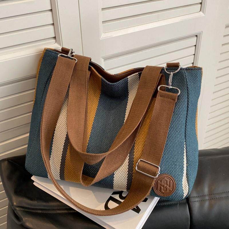 新品条纹帆布包包女大容量通勤托特包休闲大学生上课单肩斜挎包手