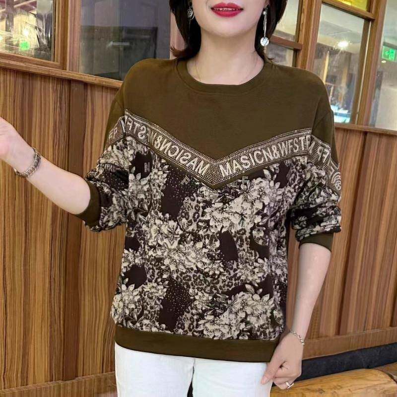 新品高档女装新款秋冬季大码宽松休闲卫衣女圆领拼色烫钻长袖德绒
