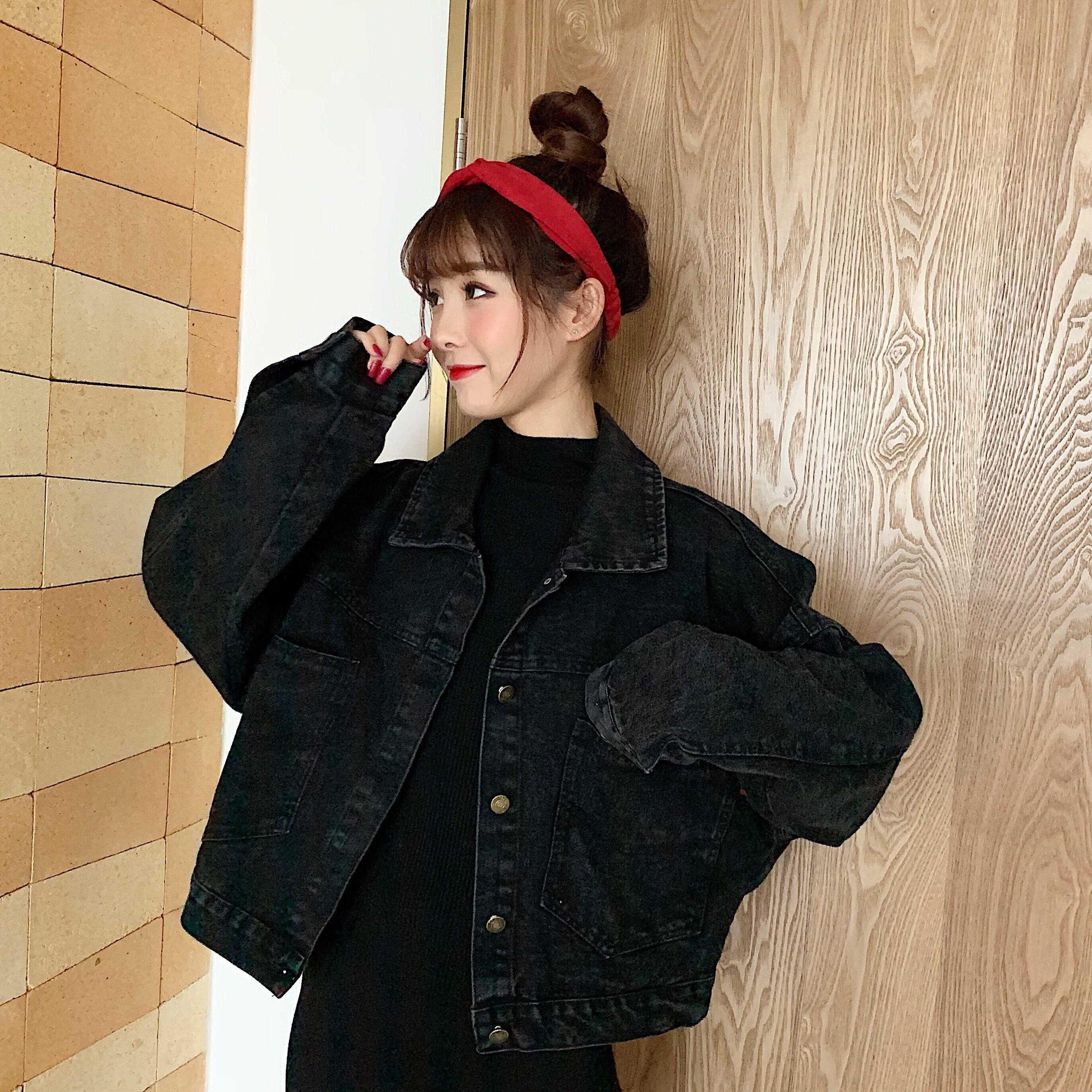 新品黑色牛仔衣女春秋装欧货爆款时尚POLO领复古宽松chic短款马甲