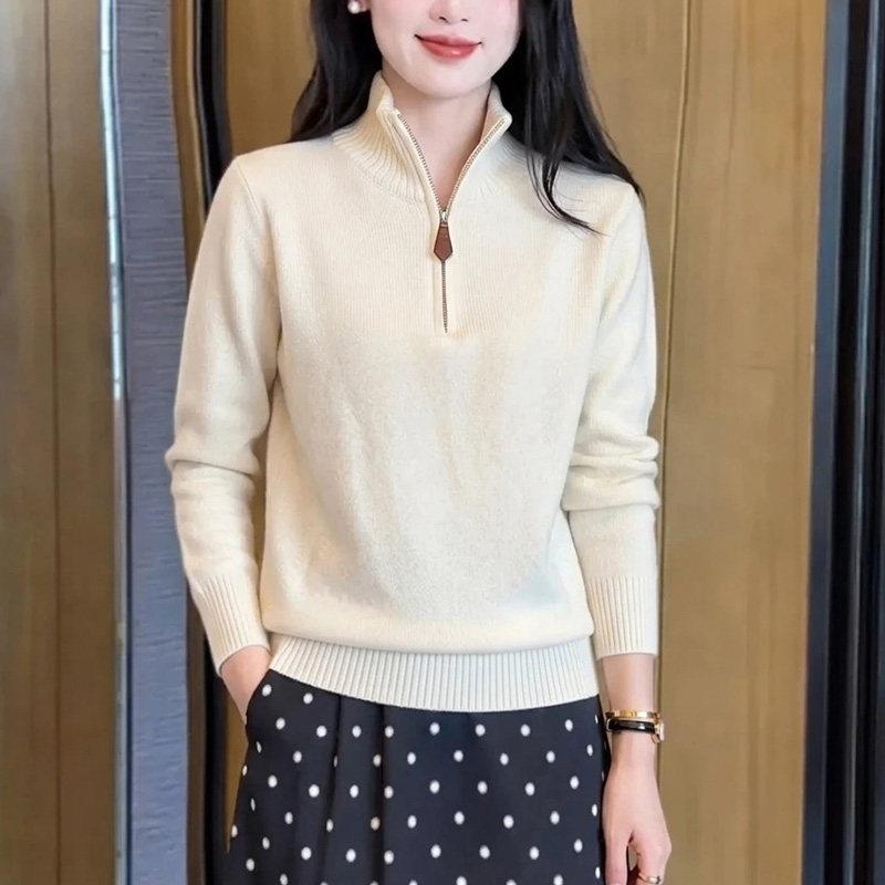 新品白色针织衫女2026秋季新款半拉链设计感小众毛衣法式气质短款