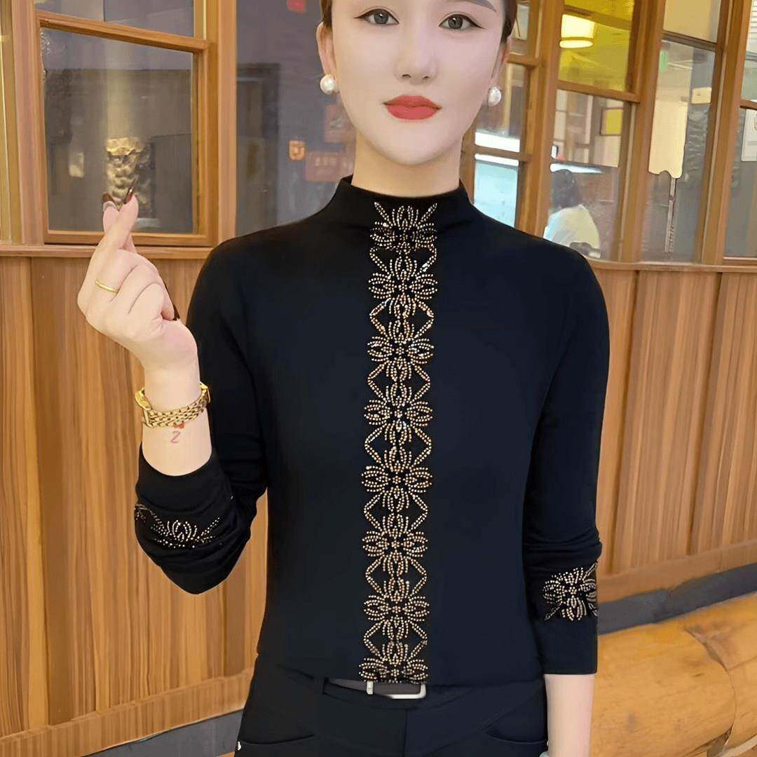 新品半高领烫钻t恤衫女秋冬季洋气妈妈百搭时尚显瘦长袖打底德绒