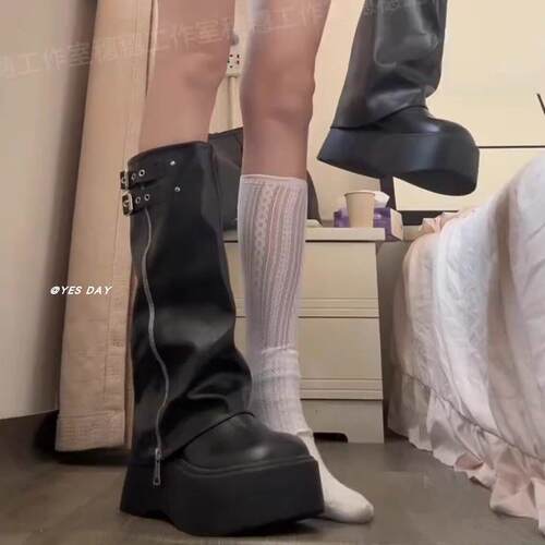 新品内增高女鞋玛丽珍高跟鞋春秋季新款jk粗跟小皮鞋防水台单鞋黑