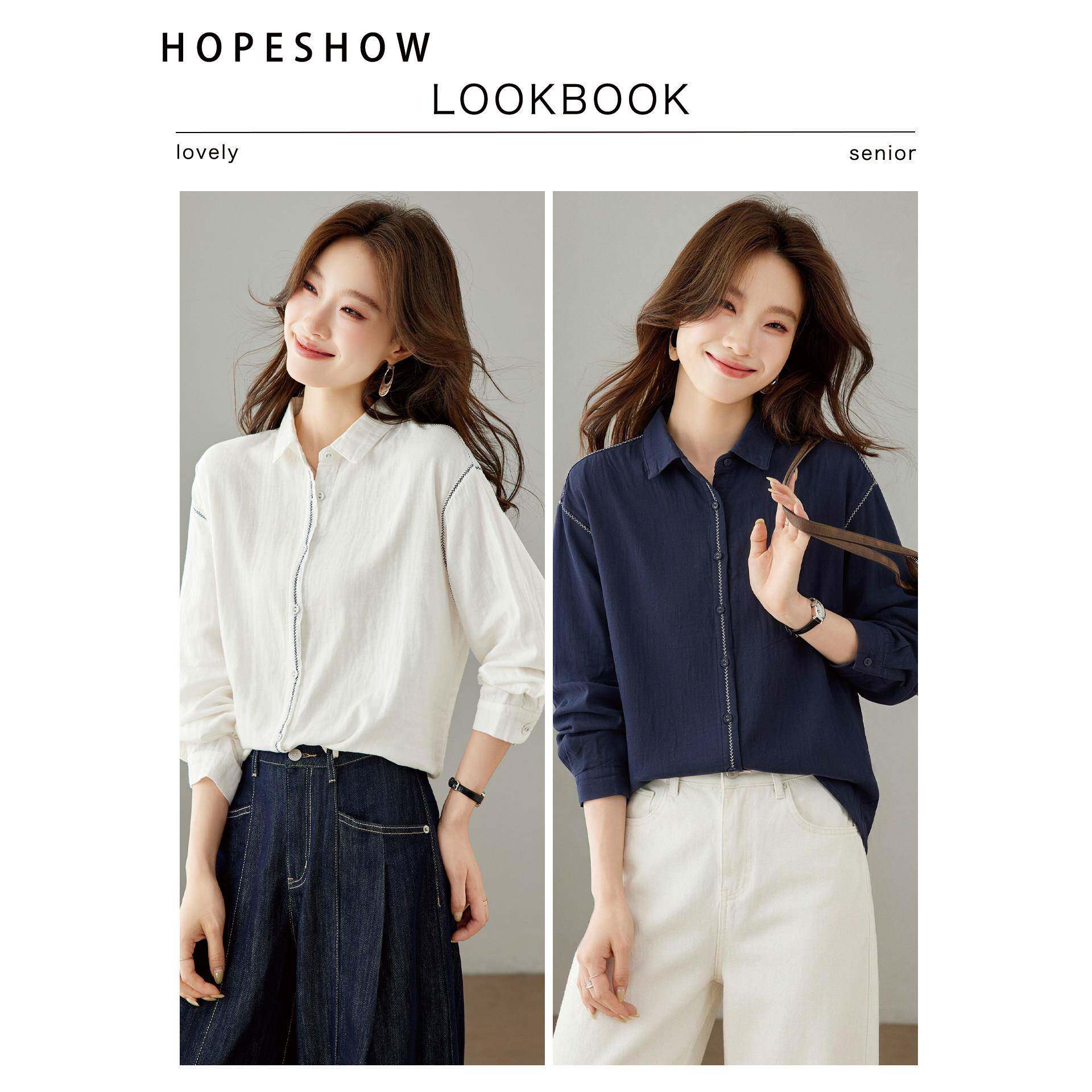 新品2026秋季新款蓝色翻领长袖衬衫女宽松刺绣滚边文艺风上衣纯棉
