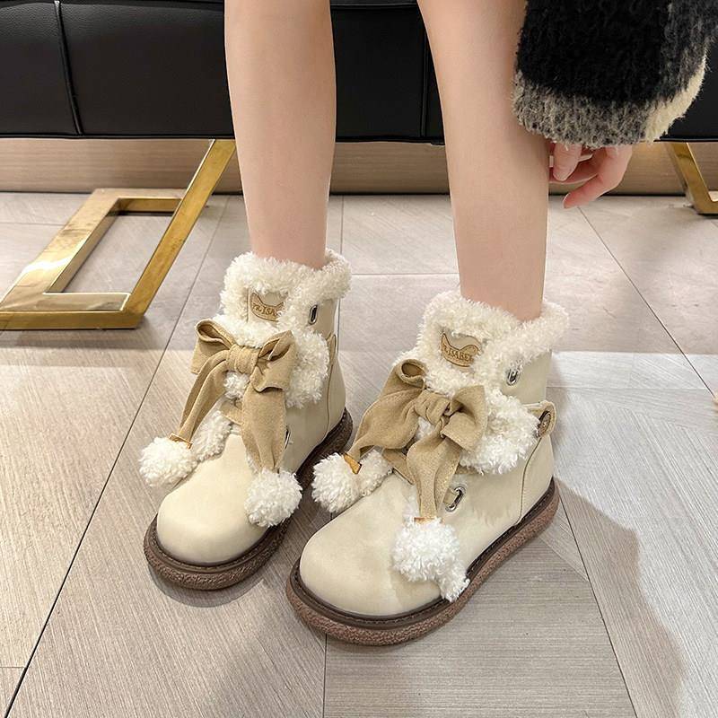 新品可爱蝴蝶结毛毛雪地靴女2025新款冬季洋气小短靴加绒加厚保暖