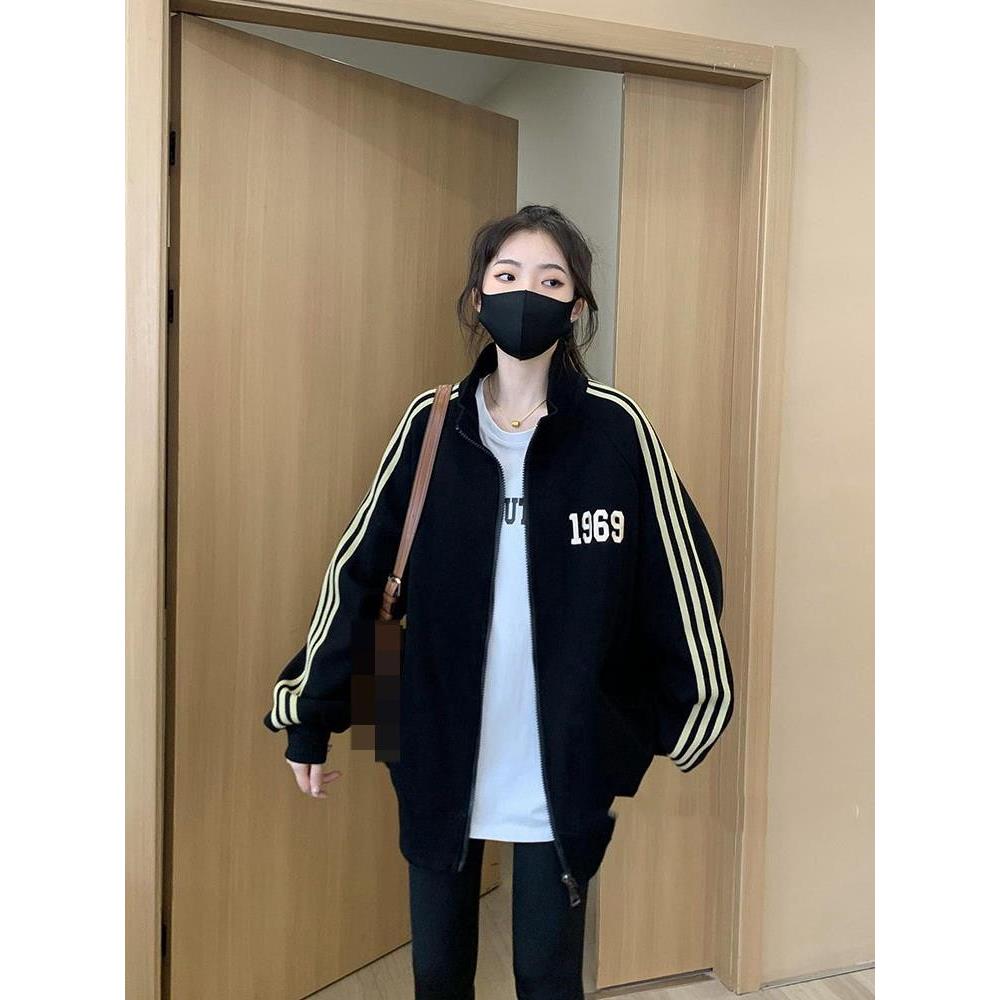 新品立领棒球服外套女秋款欧货网红美式复古中长款遮屁股卫衣运动