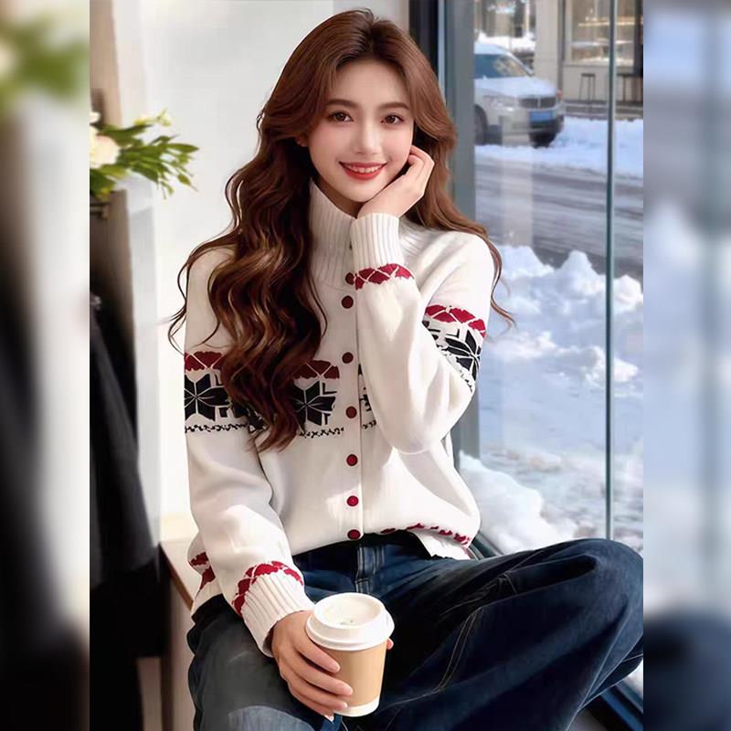 新品2026春秋复古费尔岛提花针织开衫女宽松胖MM超好看撞色单排扣