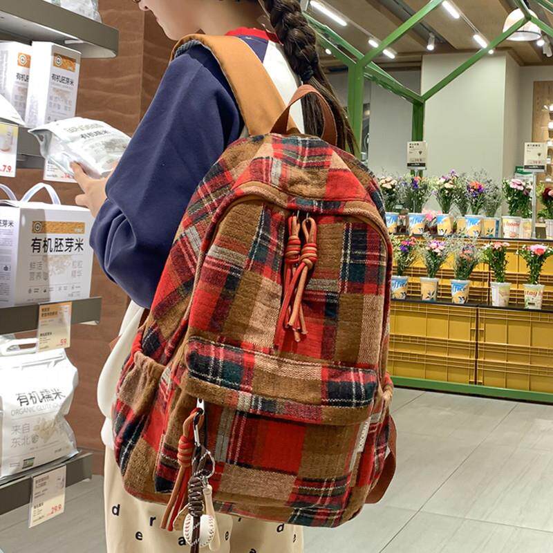 新品港风复古格子双肩包女