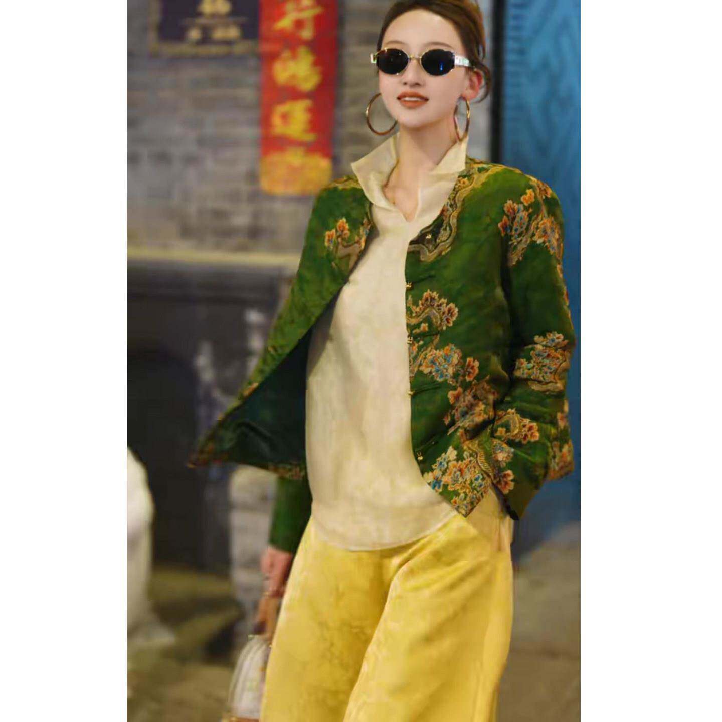 新品民族风时尚套装女2026春季新款提花盘扣外套+打底衫+阔腿裤三
