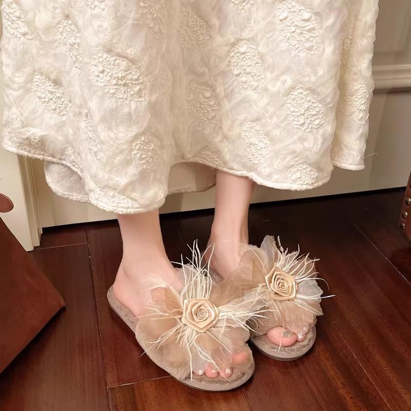 新品晨袍拖鞋女粉红色羽毛婚鞋新娘结婚不累脚法式伴娘鞋秋外穿毛