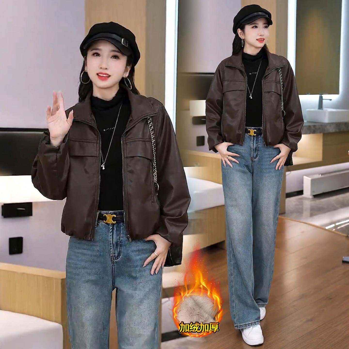 新品时尚加绒加厚短款皮衣外套女2026冬季新款洋气宽松保暖PU皮夹