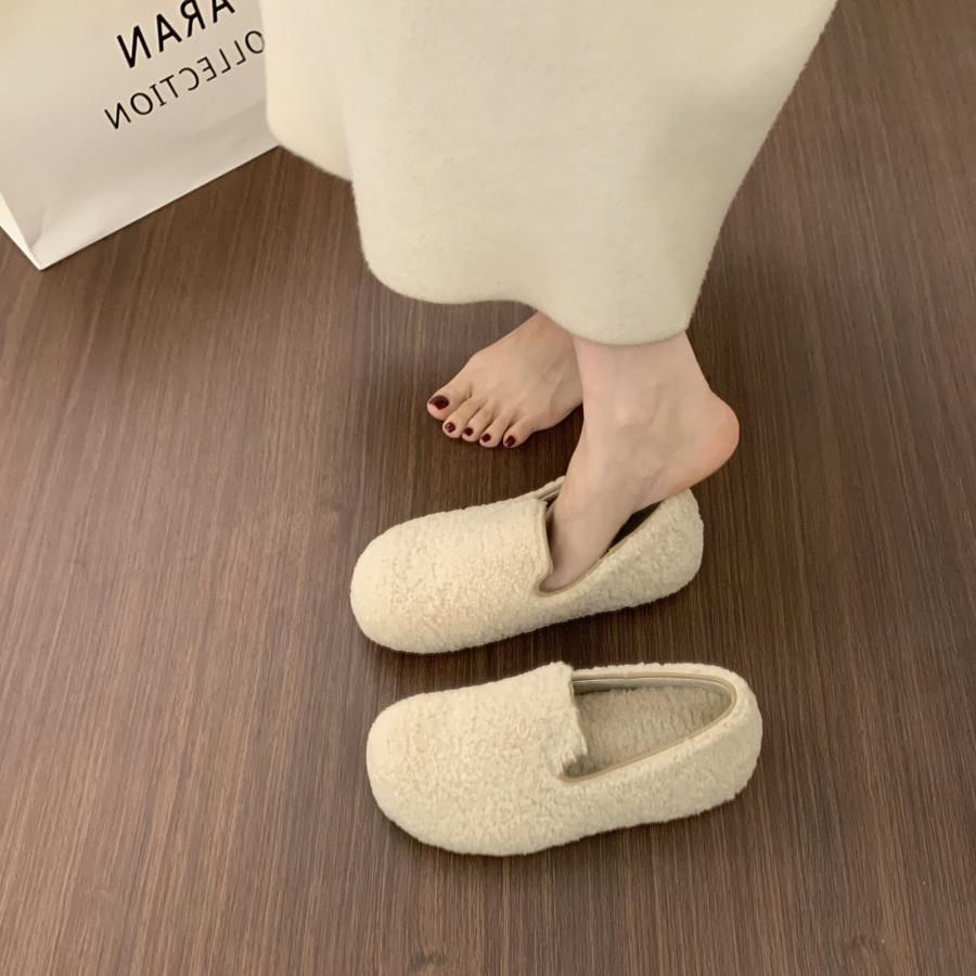 新品简约百搭白色毛毛鞋女外穿懒人一脚蹬加绒乐福鞋秋冬保暖博肯