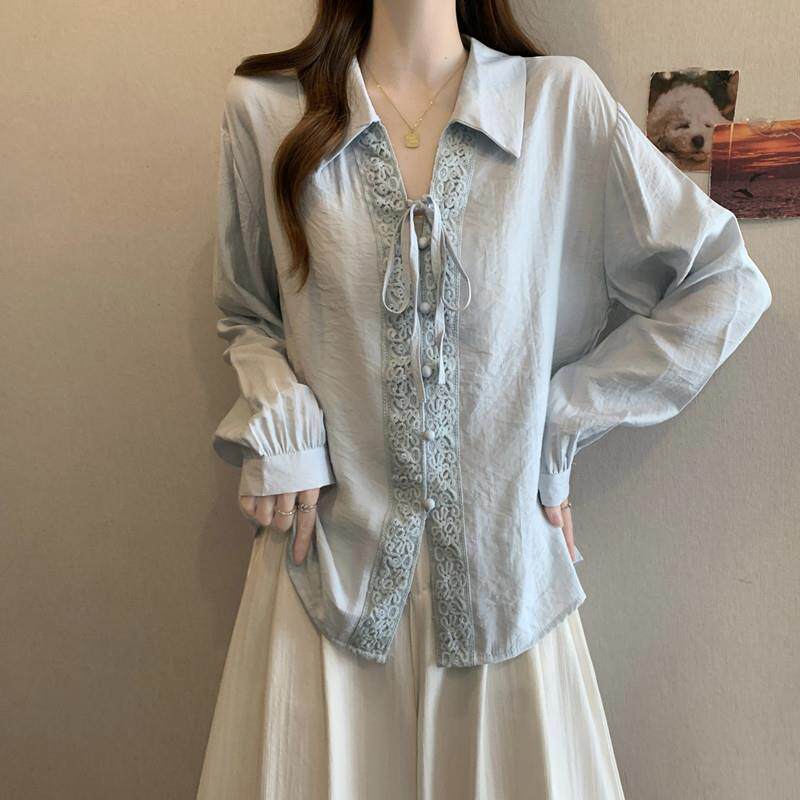 新品大码新中式刺绣系绳翻领长袖衬衫女秋冬季胖MM宽松遮肚子时尚