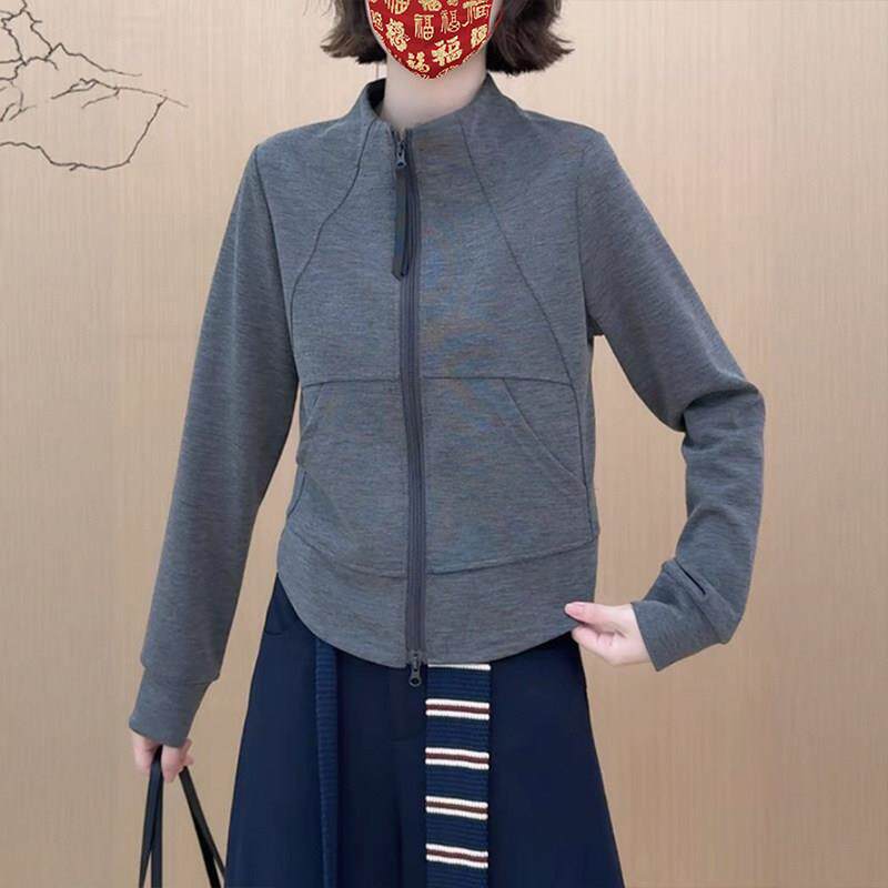 新品欧货极简风立体剪裁拉链开衫立领长袖卫衣外套女秋季显瘦百搭