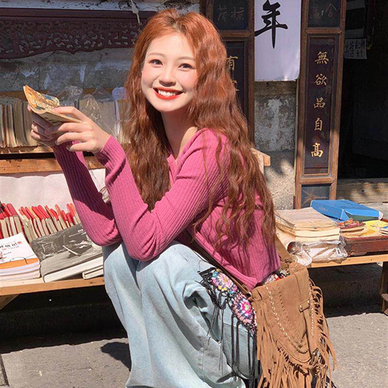 新品温柔风设计感玫红色针