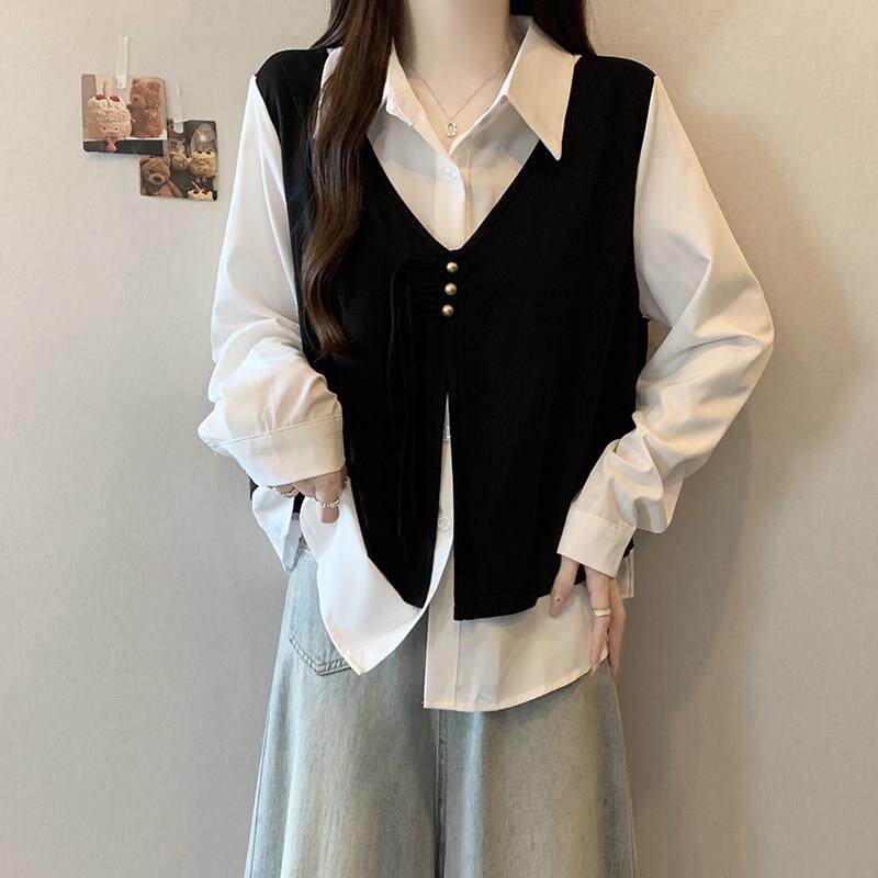 新品大码撞色Polo领马甲拼接假两件长袖衬衫女秋冬季胖MM显瘦遮肉