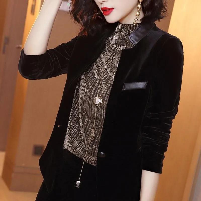 新品黑色金丝绒开衫西服短外套女春秋2026新款收腰立领小西装上衣