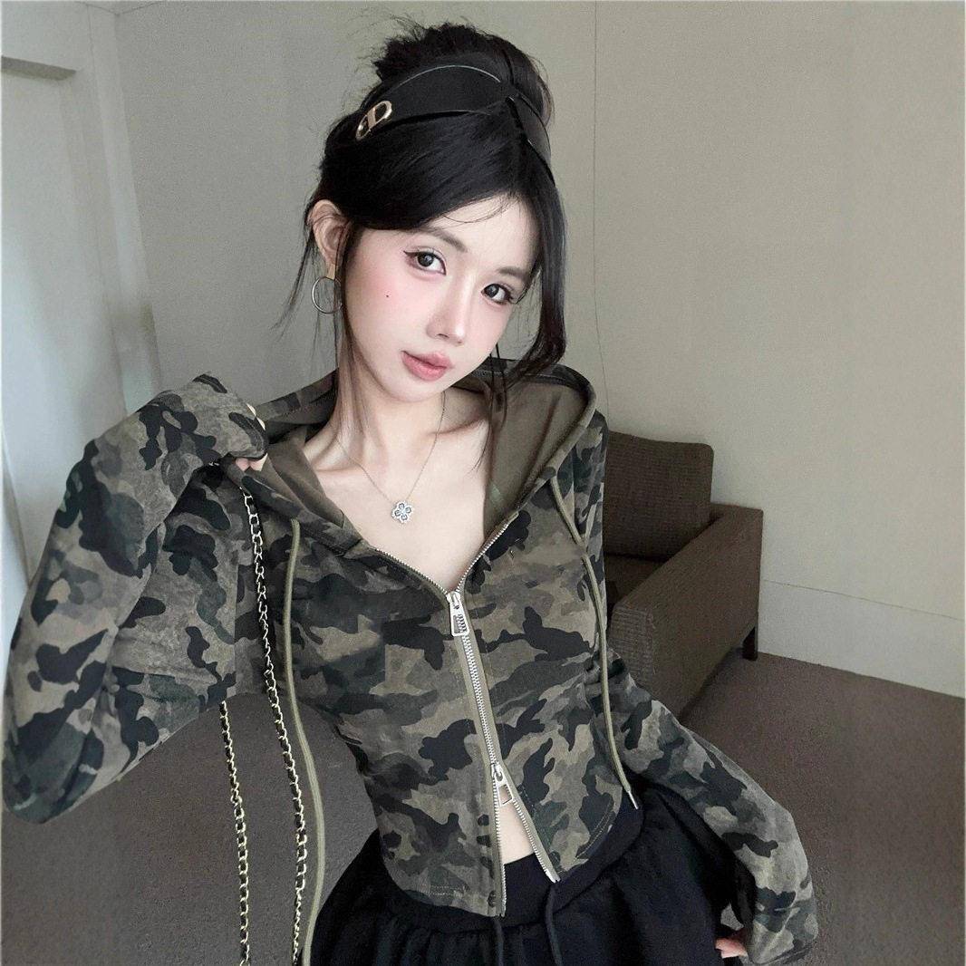 新品跨境韩系辣妹迷彩连帽短款薄外套女拉链收腰紧身长袖开衫露脐