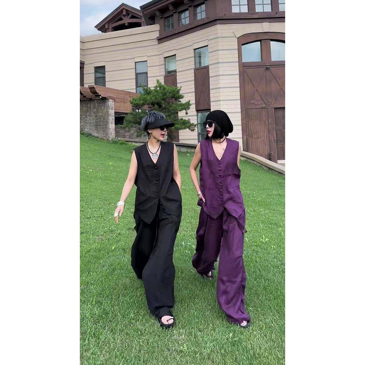 新品欧货爆款时尚气质高街两件套女V领宽松显瘦无袖T恤高腰休闲裤
