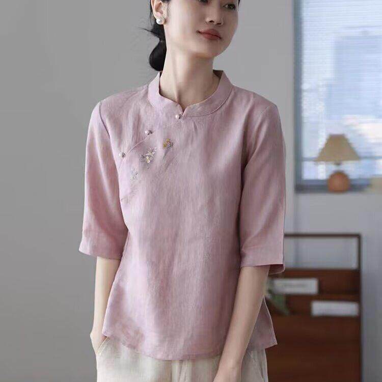 新品古典优雅气质中式立领斜襟小衫新款女装棉麻刺绣五分袖休闲薄