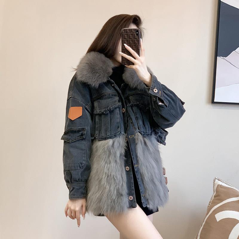 新品牛仔拼接派克服女冬季中长仿狐狸毛毛外套年轻款皮草气质名媛