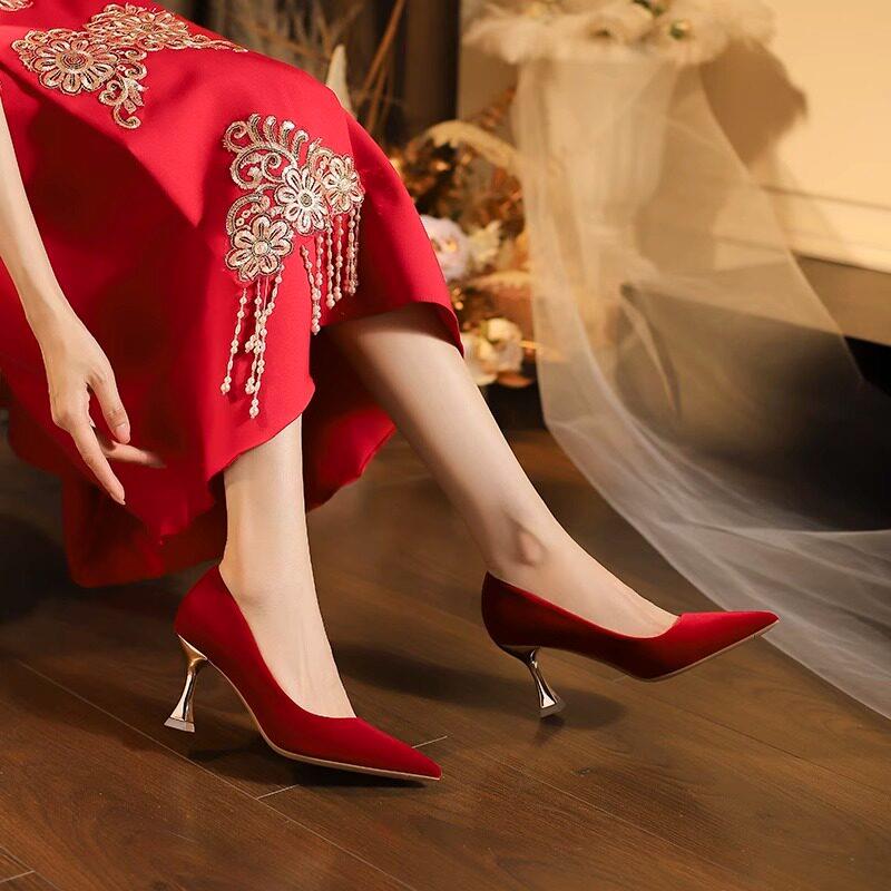 新品中式红色婚鞋女秀禾敬酒服婚纱两穿新娘鞋婚宴礼服水晶高跟鞋