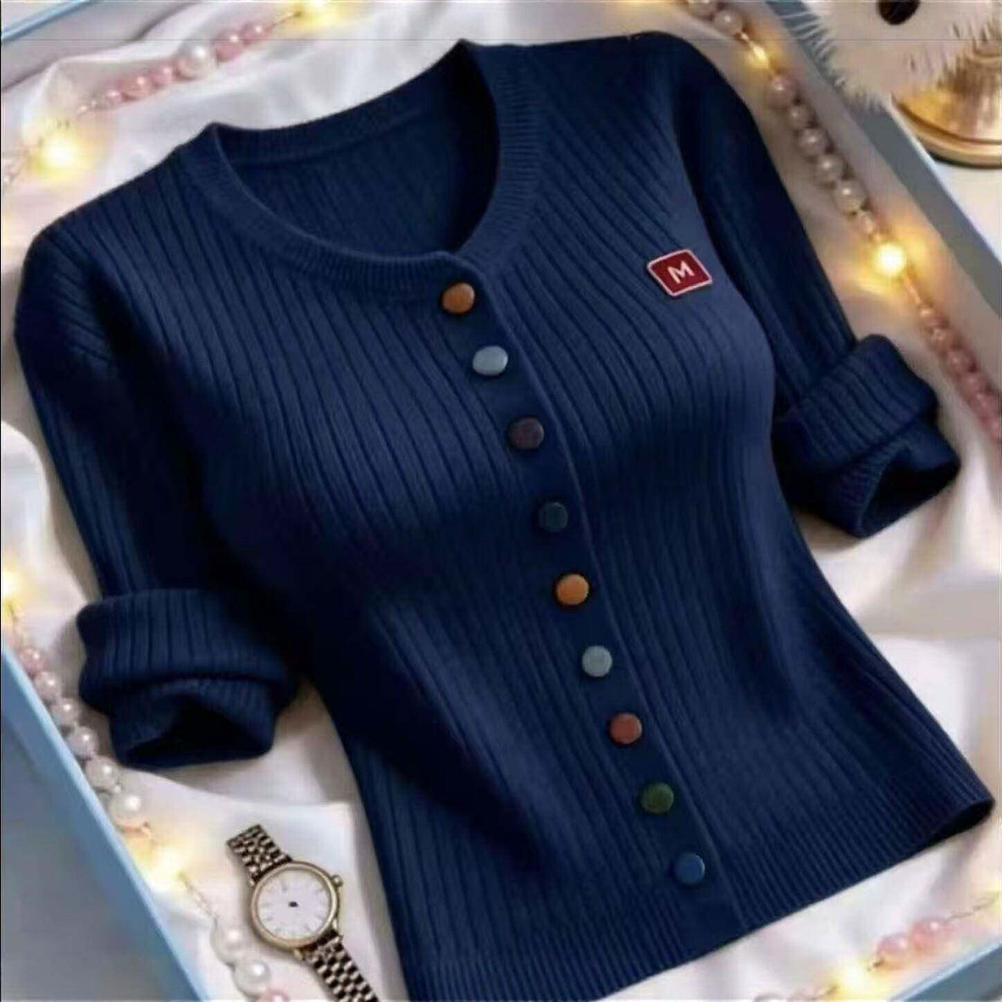 新品2026春秋新款圆领彩色纽扣针织开衫女设计感外套百搭洋气长袖