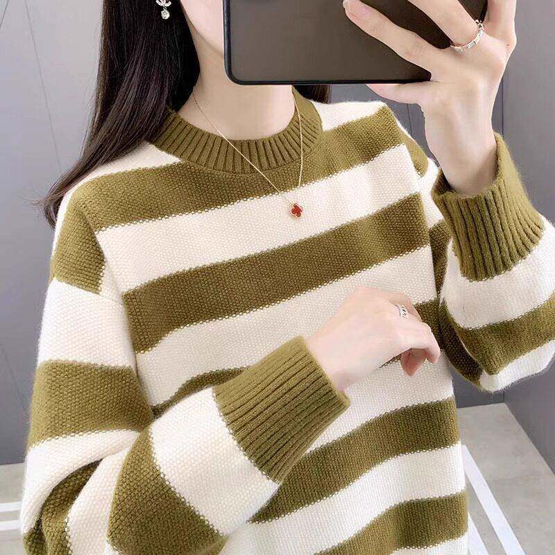 新品半高领加绒加厚条纹针织毛衣女打底衫秋冬2026新款宽松拼色上